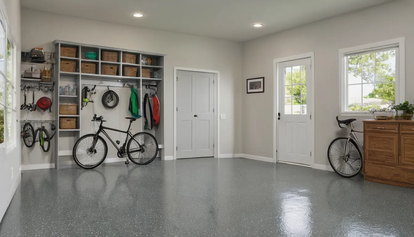 A newly coated polyaspartic garage floor in a Lavon home with a family car parked nearby